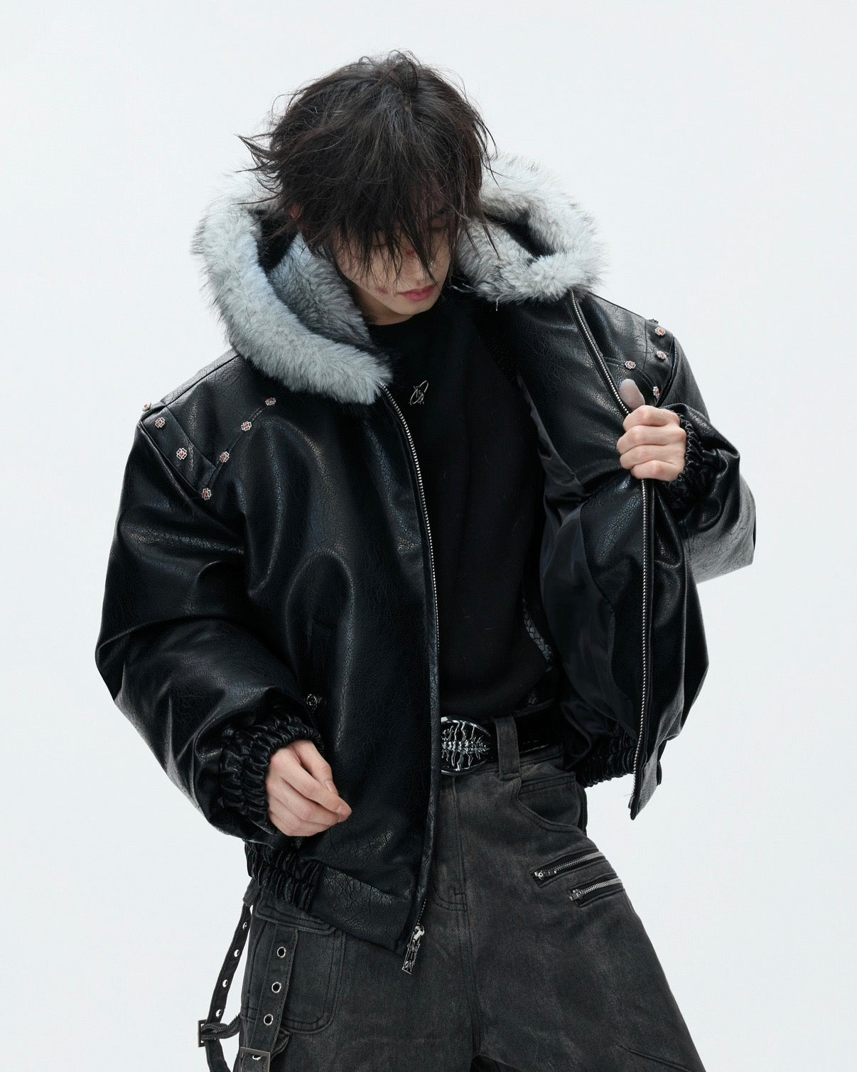 Unisex Fur Hood Leather Jacket mry002028