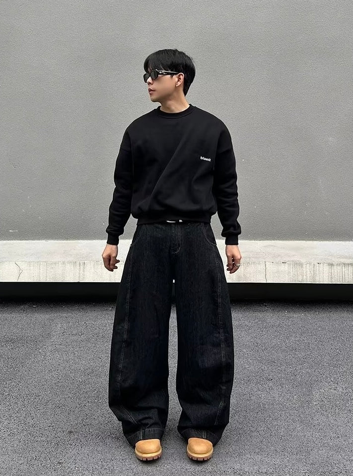 【COVER:FIT】Black Wide-Leg Minimalist Denim Pants mry001632