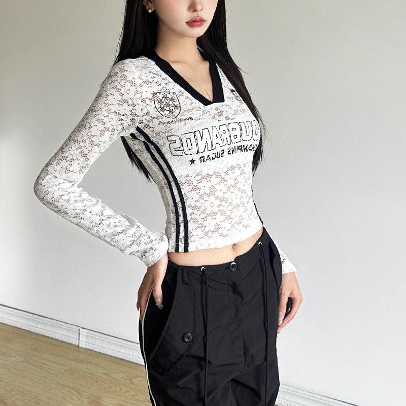 【Carina】2カラー展開 ヨーロッパ 韓国デザイン 韓国ストリート レース素材 長袖トップス mry001100