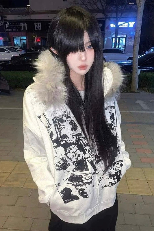 Fur Hood Graphic Zip Hoodie mry002176