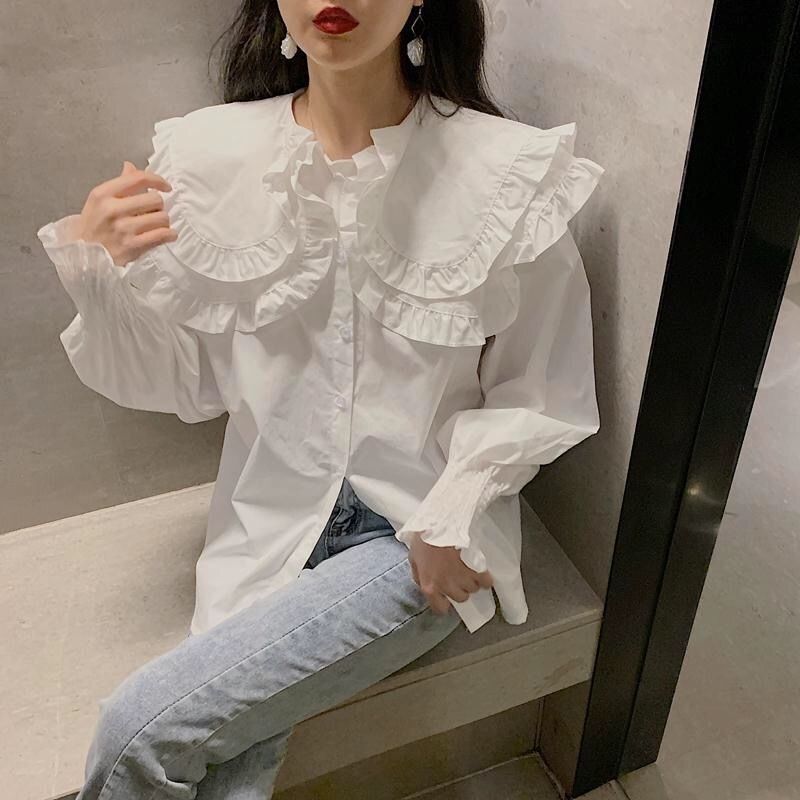 フロントボタン パフスリーブ フリルブラウス 春秋 mry000228