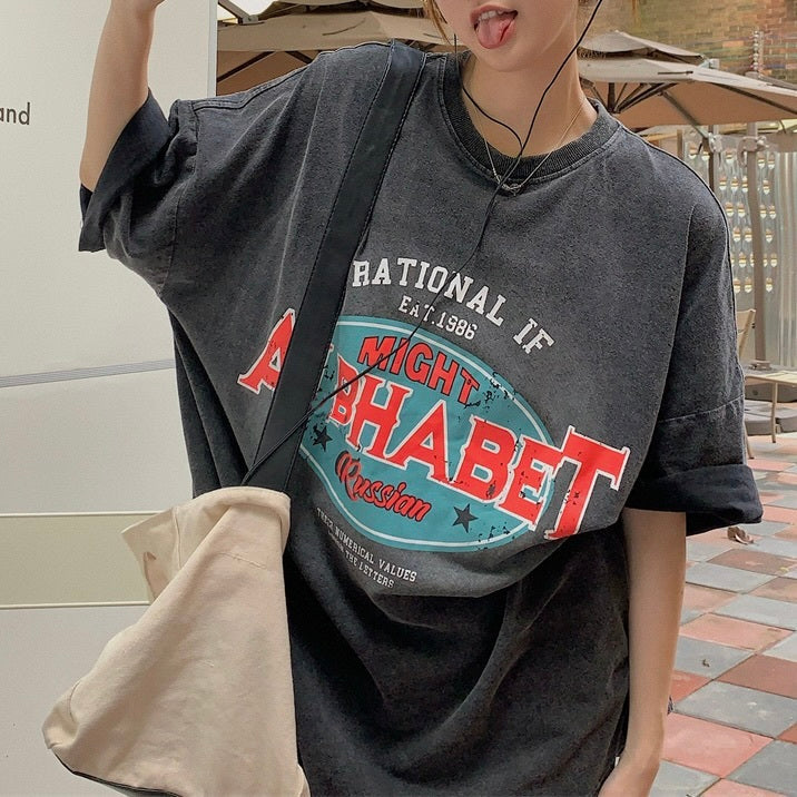 レトロ風Tシャツ ミドル丈 半袖 トップスmry000006