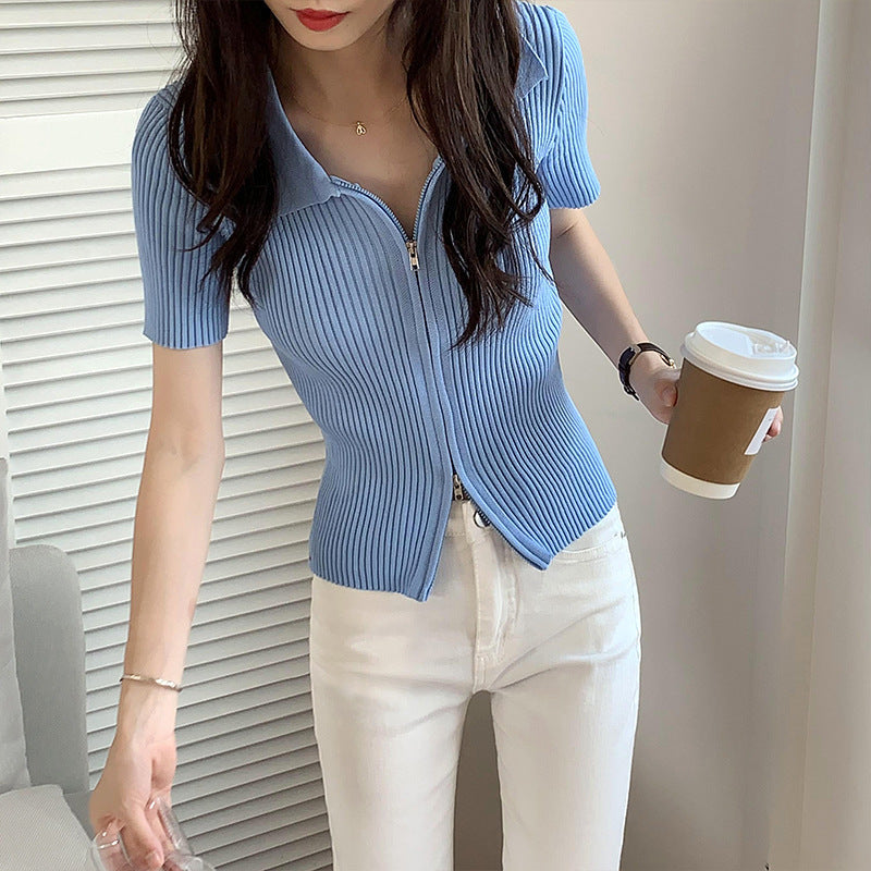 ラペルジッパートップス 薄手ニット 半袖 mry000009