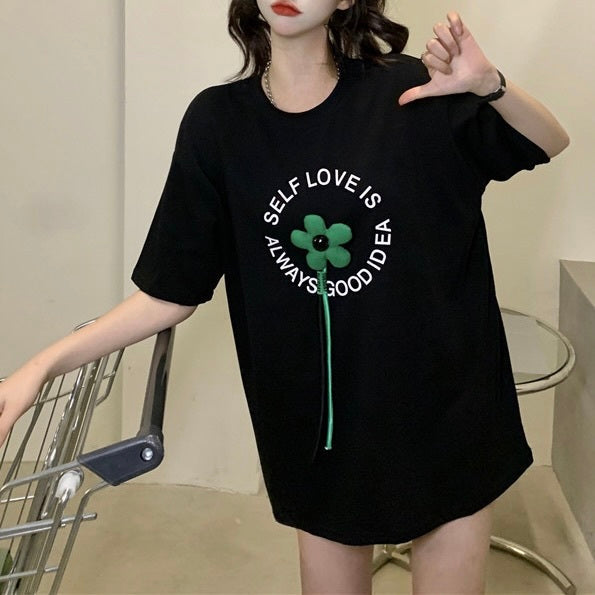 フラワープリント ミドル丈 Tシャツ mry000138