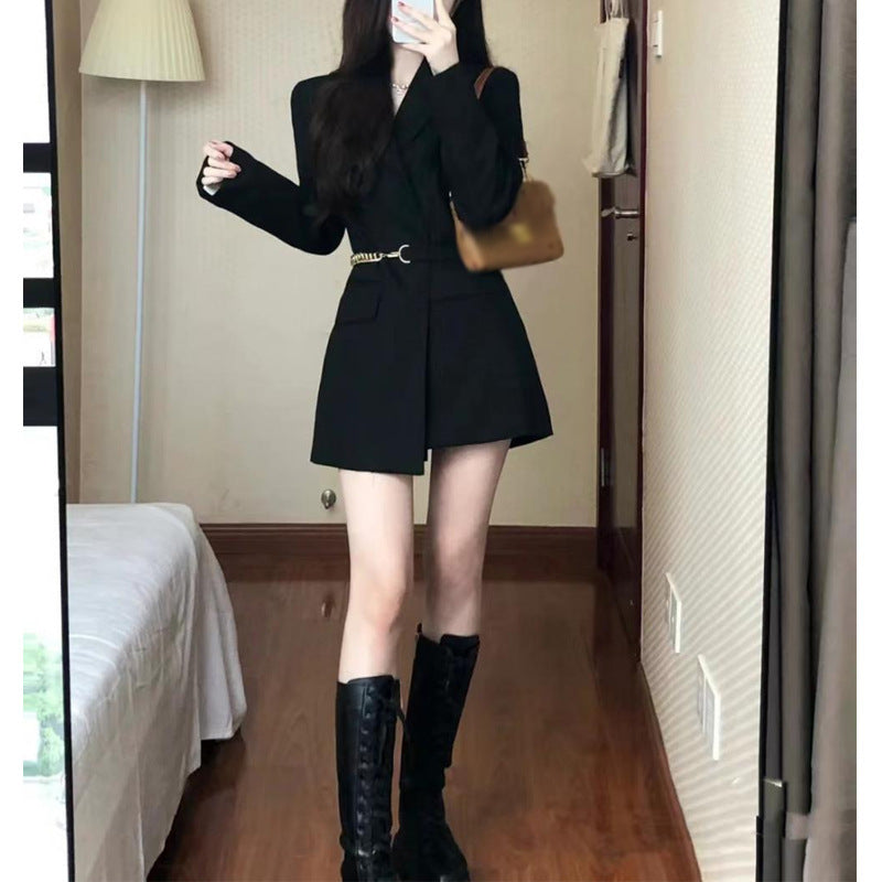 韓国デザイン 韓国カジュアル モノトーン ブラック ブレザーワンピース mry001155