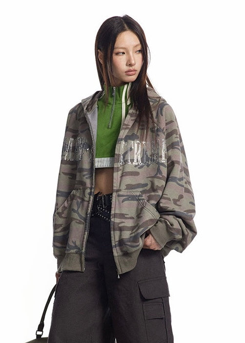 Rhinestone Camo Oversized Zip Hoodie mry001634