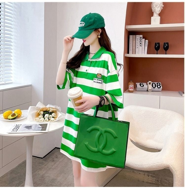 ミドル丈 ストライプ 半袖 ポロシャツ mry000042