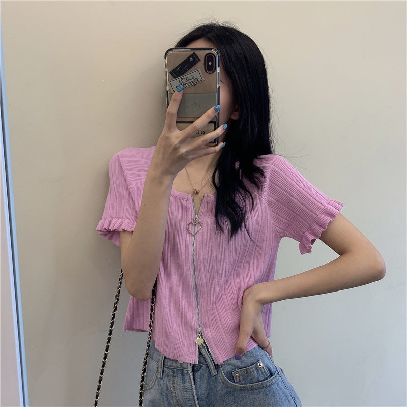 5カラー展開 2023大人気 半袖 センタージッパー トップス ショート丈 韓国ストリート 韓国カジュアル mry000659