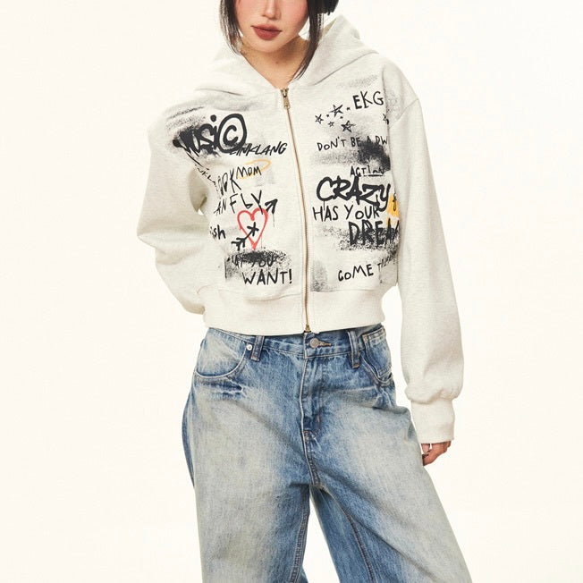 2カラー展開 アメリカン 韓国ストリート 韓国カジュアル レトロ 落書き ジップアップトップス パーカー mry001414
