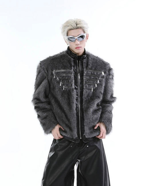 Faux Fur Panelled Leather Zip-Up Jacket mry001835