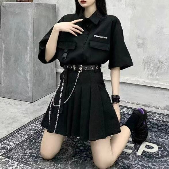 ブラック半袖シャツ+ベルトプリーツスカート セット mry000186