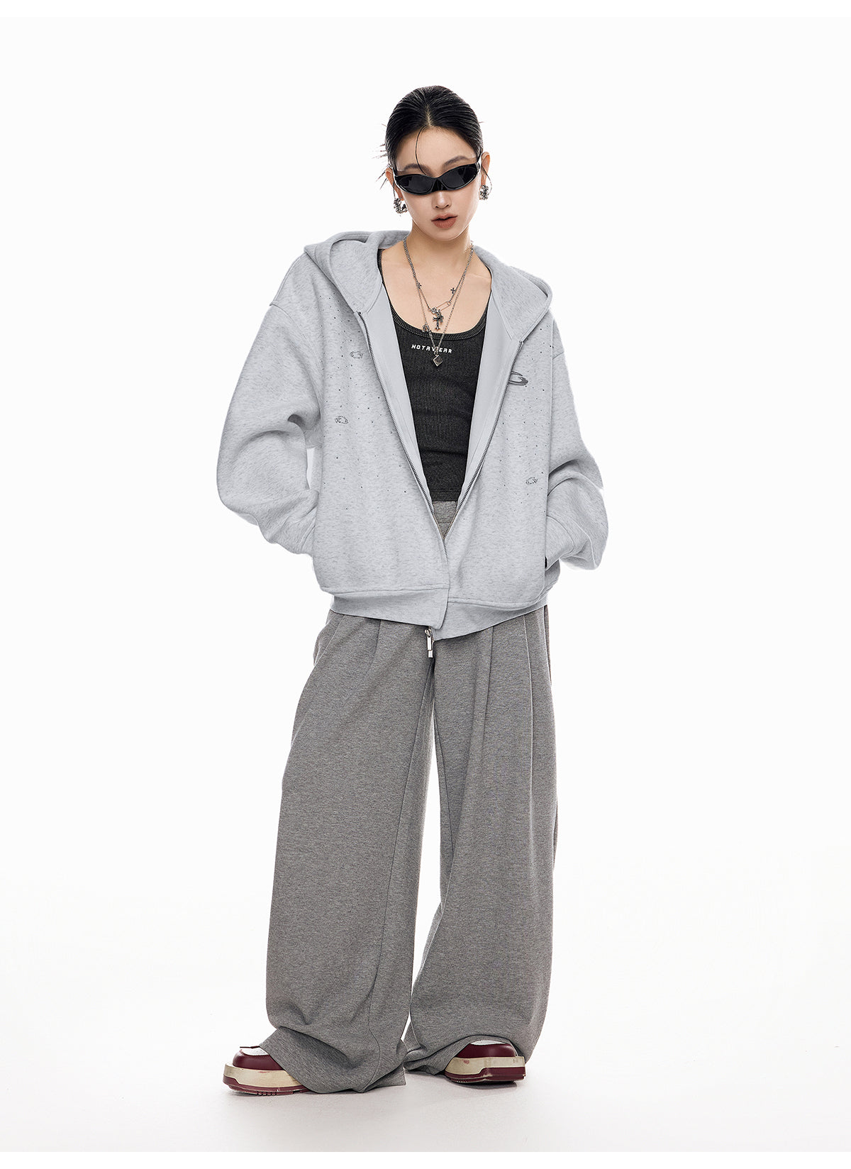 【評価★4.8以上/高品質】Rhinestone Embellished Oversized Zip Hoodie mry001898