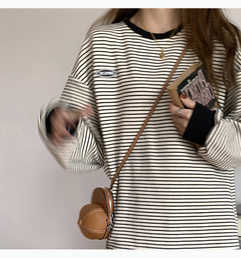 【送料無料】ワンポイント ビッグシルエット ストライプ Tシャツ 韓国カジュアル 韓国ストリートmry000610