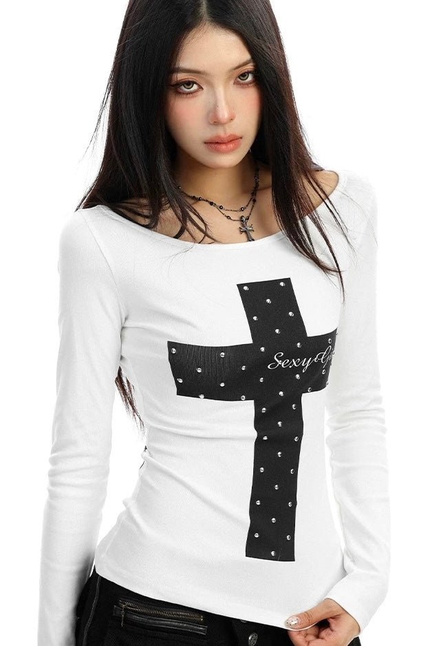 Off Shoulder Gothic Cross Top mry002292