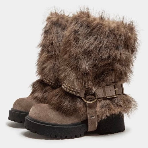 Faux Fur Buckle Boots mry002006