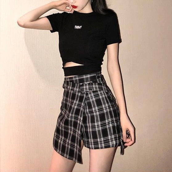 穴あき へそハイウエスト スリムトップス mry000082