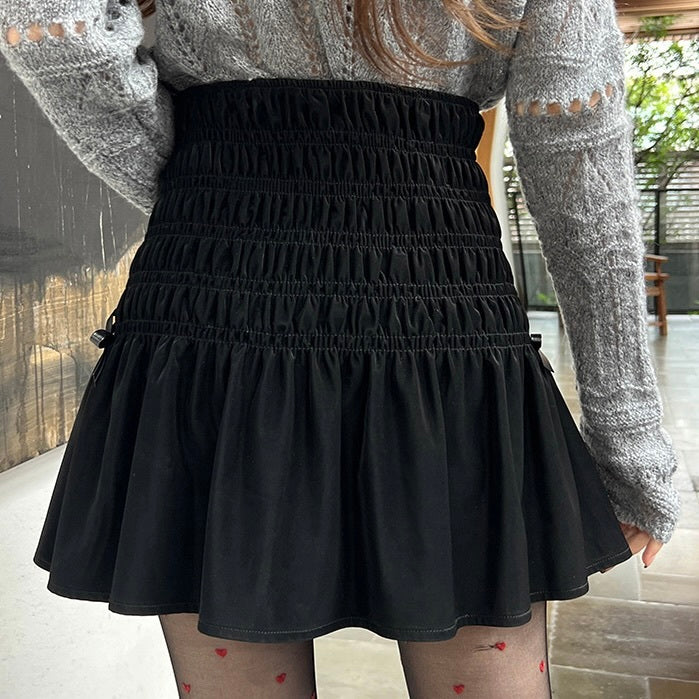 2カラー展開 韓国カジュアル 韓国デザイン シャーリング リボン ミニスカート mry001093