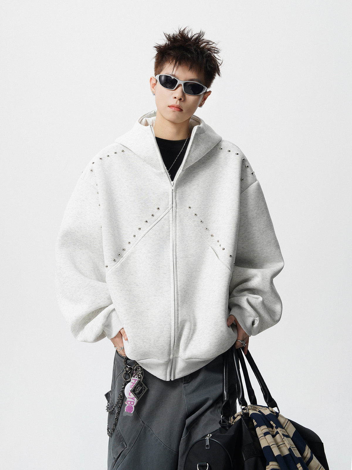 【評価★4.8以上/3color】Studded Oversized Zip Hoodie mry001897