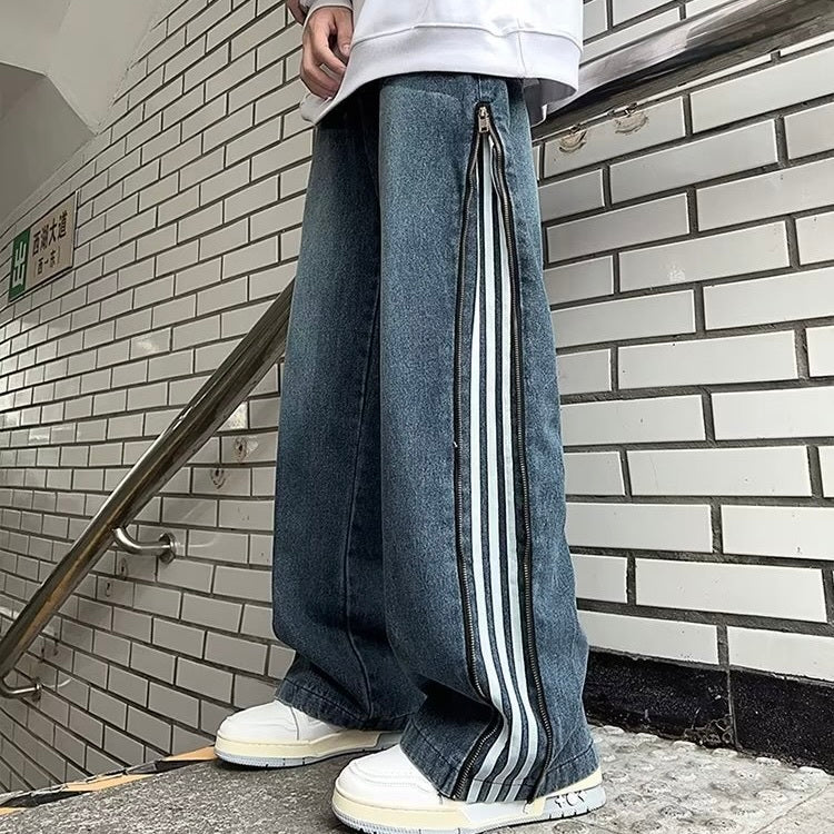 【Carina】2カラー展開 韓国ストリート ライン入りワイドデニムパンツ mry001375