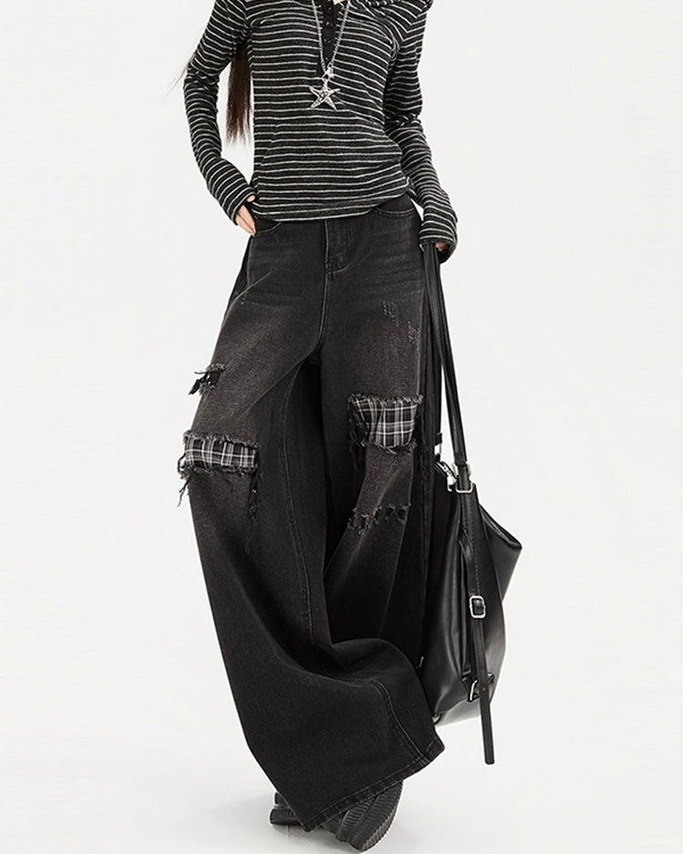 【COVER:FIT】Plaid Patch Ripped Wide-Leg Jeans mry001872
