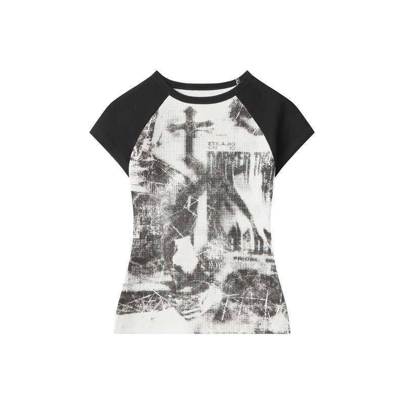 【2color】Distressed Cross Graphic Fitted T-Shirt mry001714