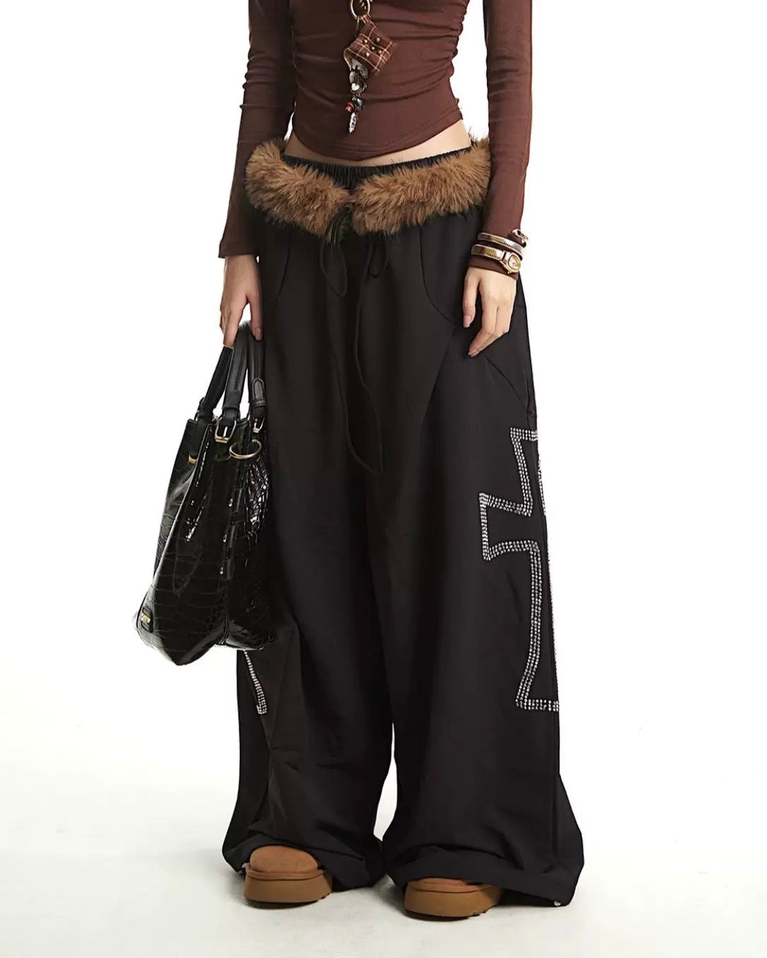 【YURU:FIT】Faux Fur Waist Wide-Leg Pants mry001879