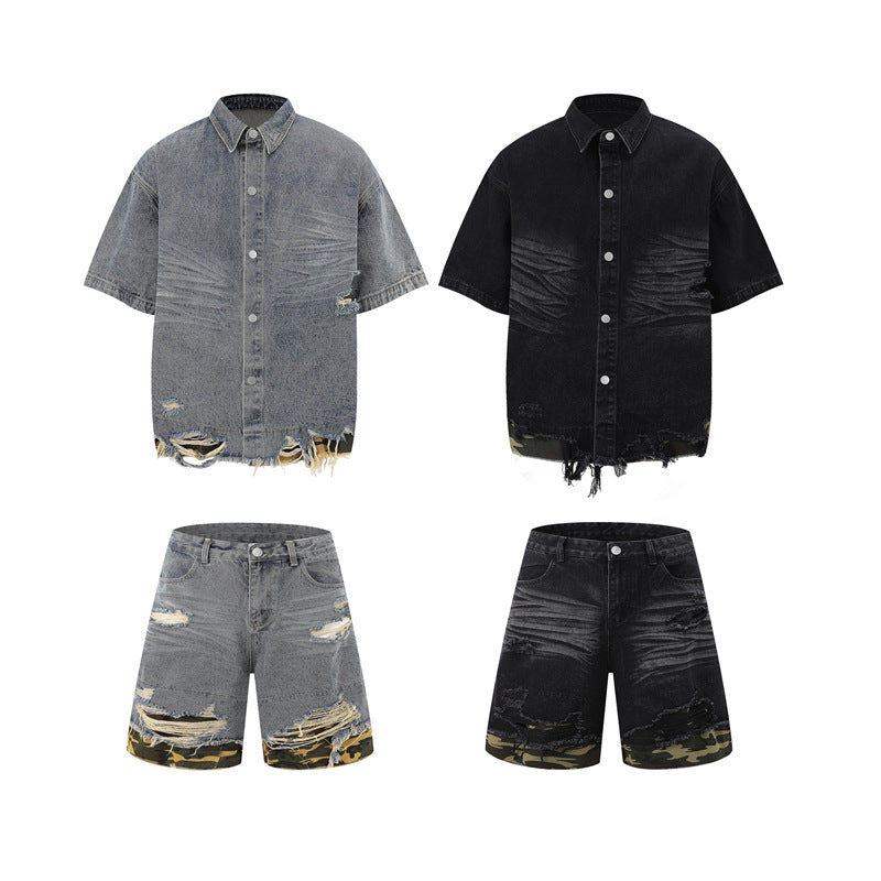 【2color / Set-Up】Camo Fade Distressed Denim Set-Up mry001757