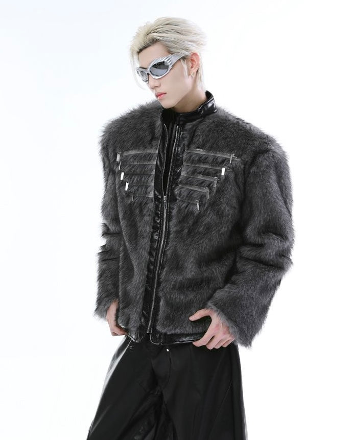 Faux Fur Panelled Leather Zip-Up Jacket mry001835