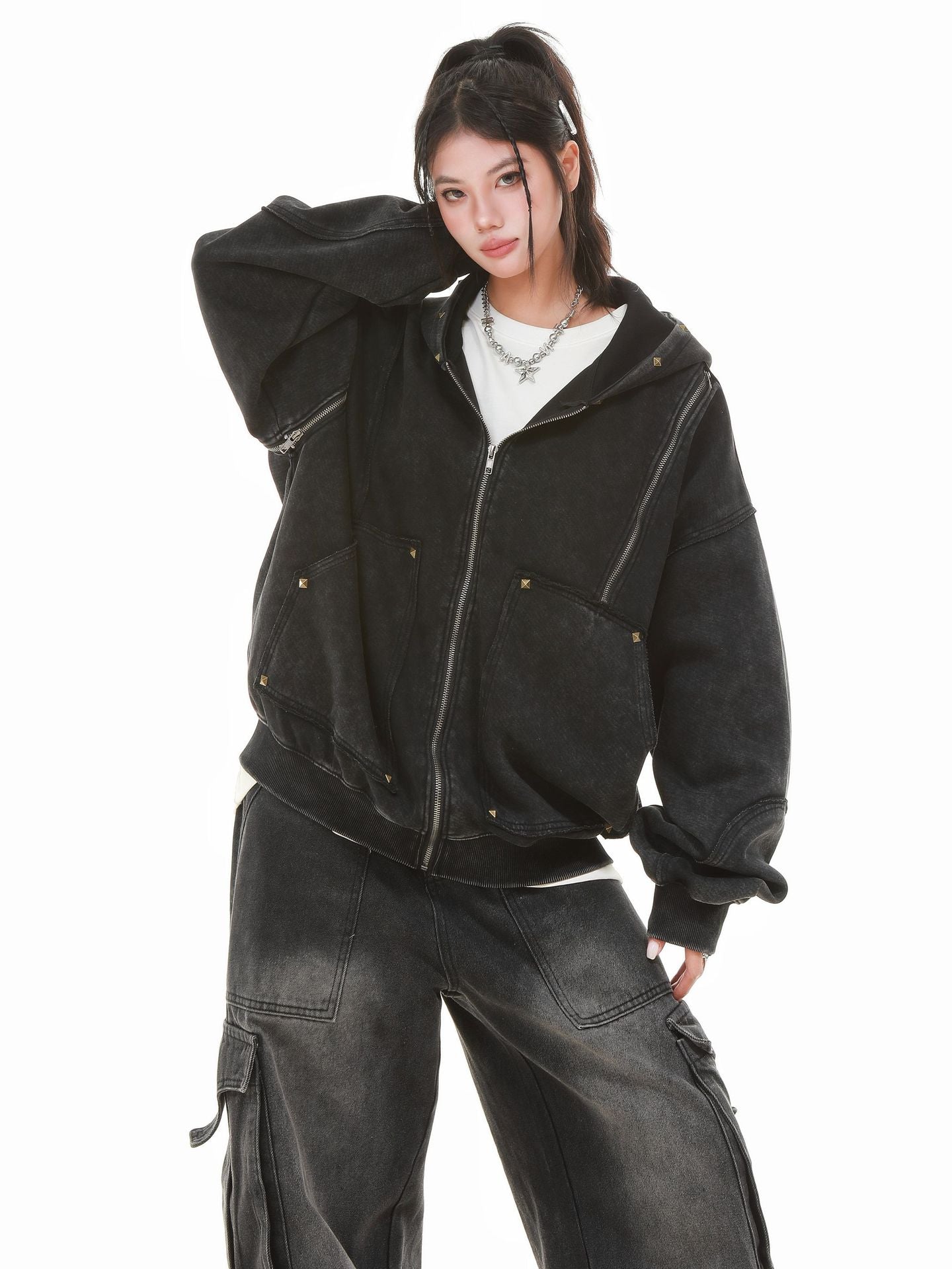 【評価★4.8以上】Vintage Washed Studded Overfit Hoodie Jacket mry001943