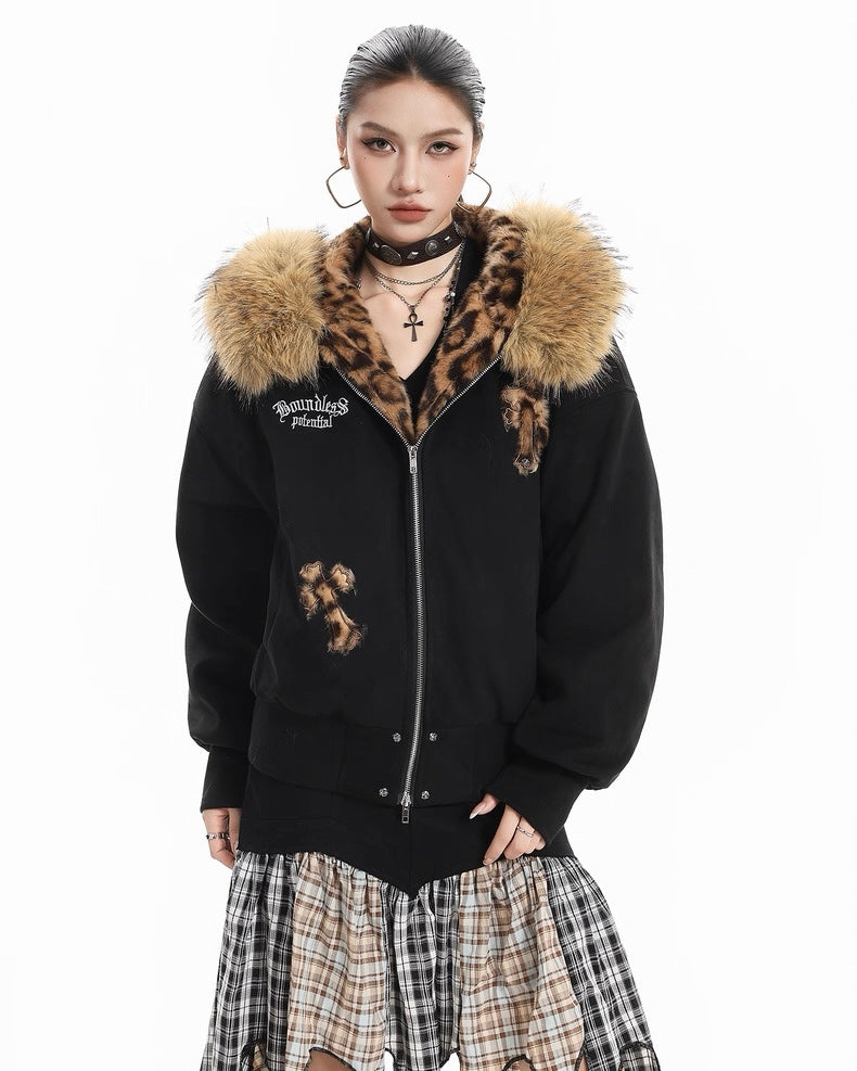 Leopard Lined Fur Hood Jacket mry002068