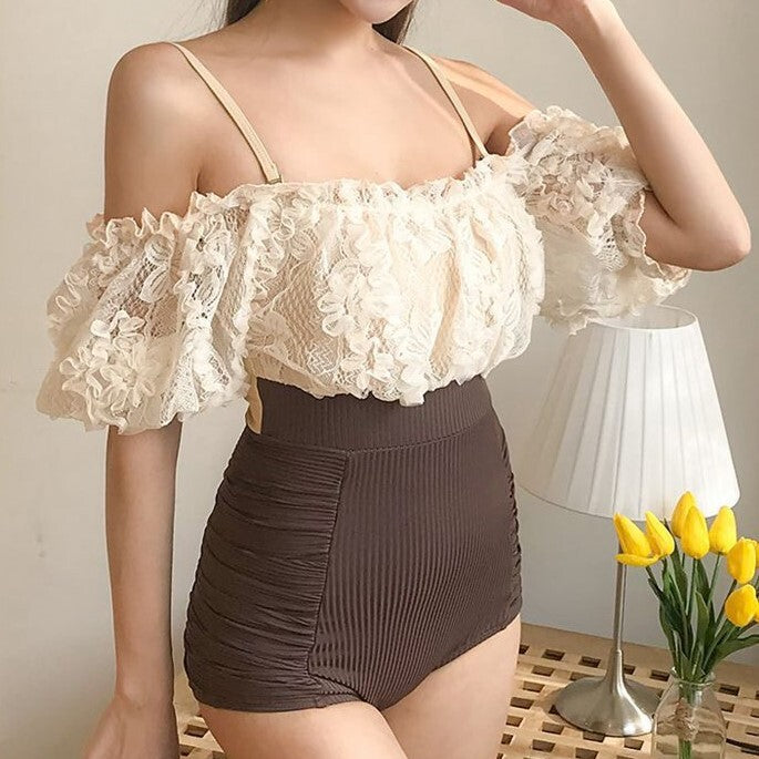 【送料無料】レトロガーリー オフショルダー ワンピース スイムウェア mry000624