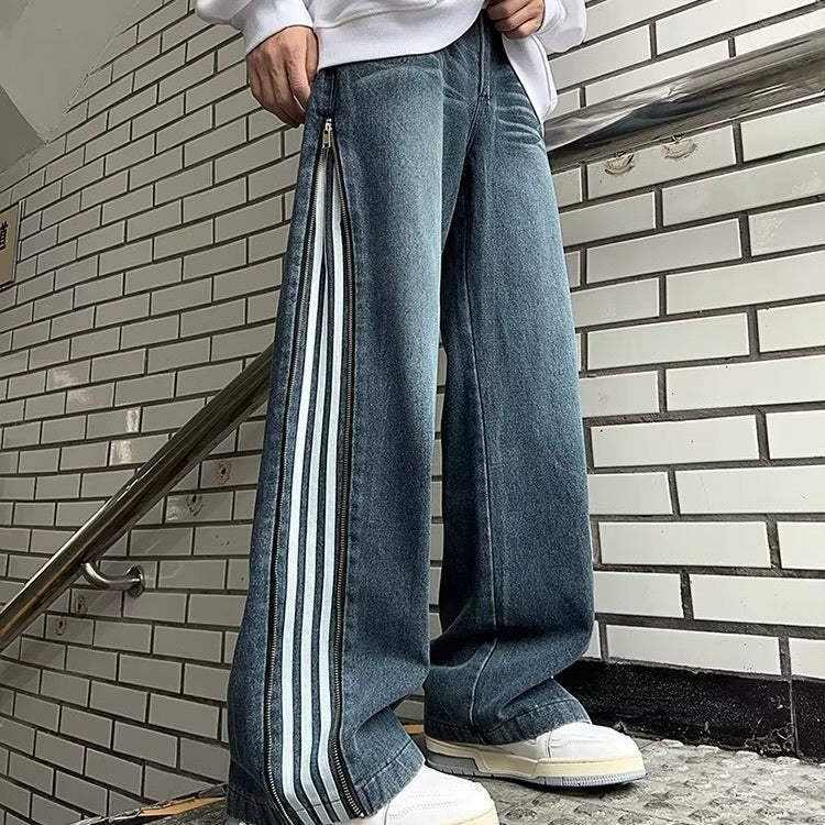 【Carina】2カラー展開 韓国ストリート ライン入りワイドデニムパンツ mry001375