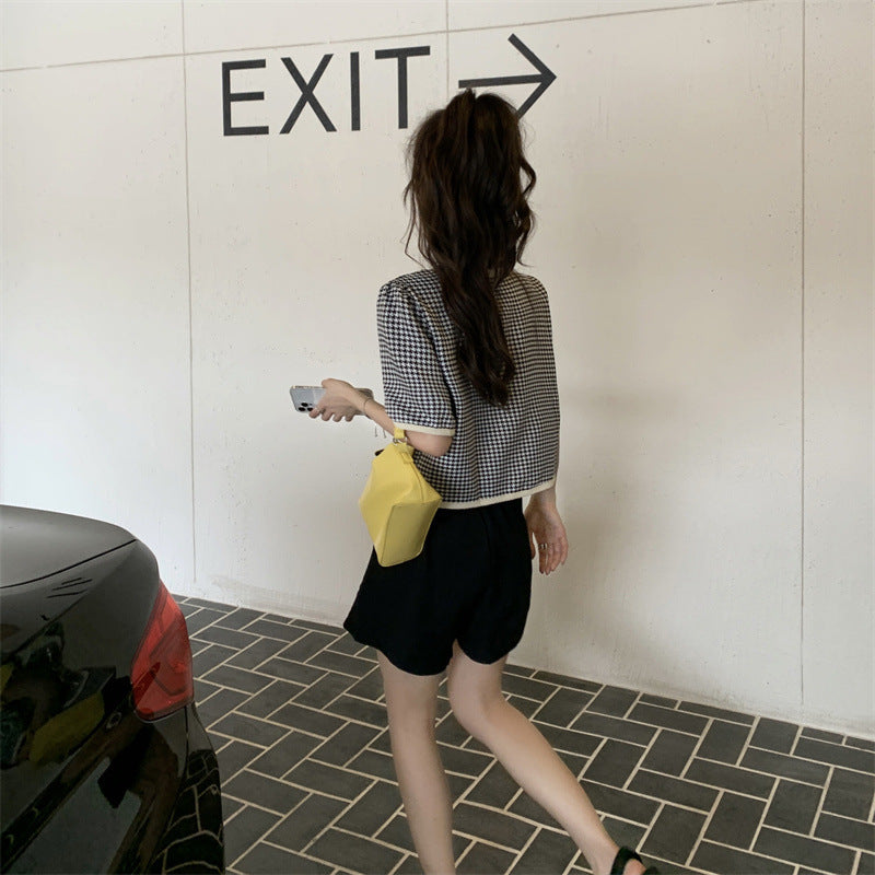 【送料無料】クロップド丈 フレンチスタイル Vネック 千鳥格子 韓国ガーリー 韓国カジュアル mry000536