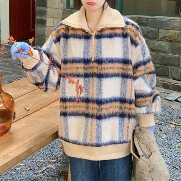 格子柄デザイン ハーフジッパー mry000495