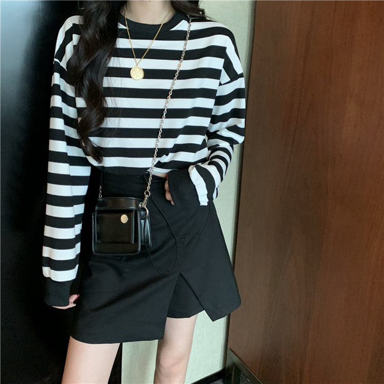 ショート丈 ストライプ ウエストマークTシャツ mry000442