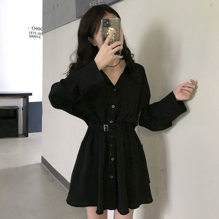 【送料無料】黒ワンピース ドレス 韓国ストリート 韓国カジュアル 韓国ガーリー モード 秋・春 mry000529
