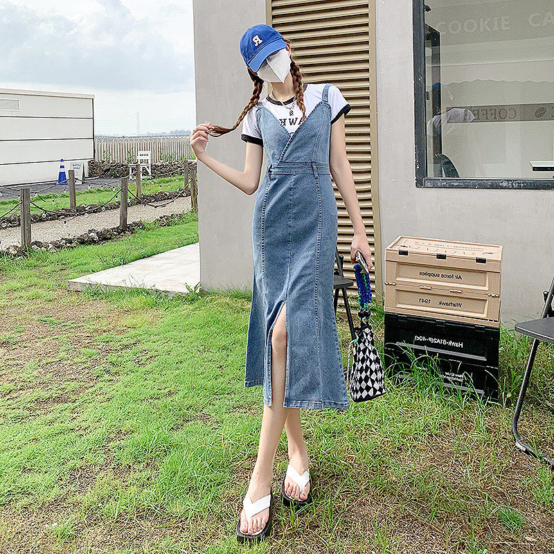デニム生地 サスペンダー ウエストスリム ロングワンピース mry000031