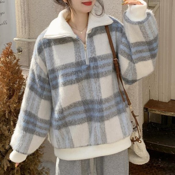 格子柄デザイン ハーフジッパー mry000495