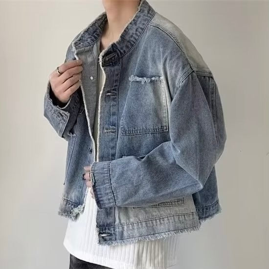 2カラー展開 韓国ストリート 韓国カジュアル デニム生地 ヴィンテージ 襟なし ジャケット mry001248