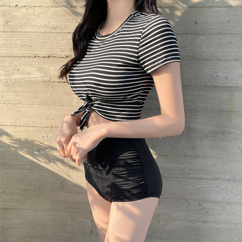 【送料無料】2023SS NEW ストライプ 半袖ビキニ 気になるお腹を隠せる ハイウエスト 水着 mry000694