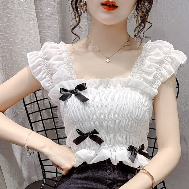 オフショルダー ショート ハイウエスト シフォンシャツ mry000058