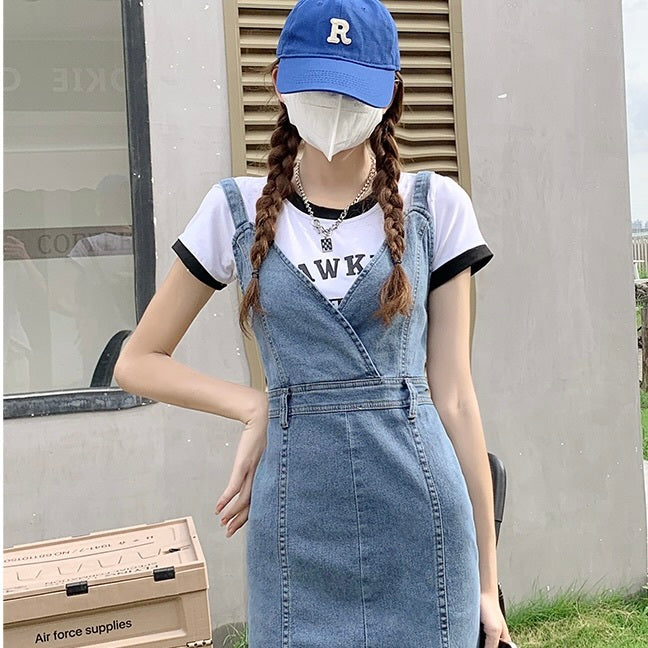 デニム生地 サスペンダー ウエストスリム ロングワンピース mry000031
