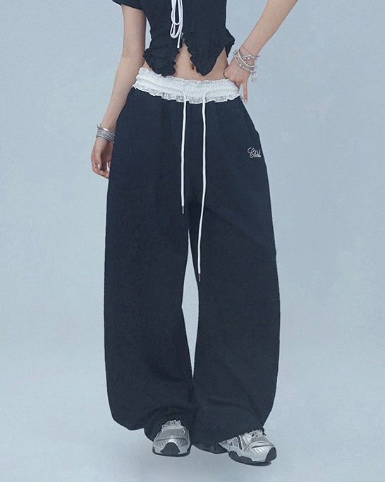 【YURU:FIT】Lace Waist Wide-Leg Sweatpants mry001877