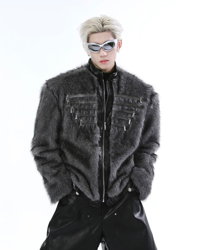 Faux Fur Panelled Leather Zip-Up Jacket mry001835