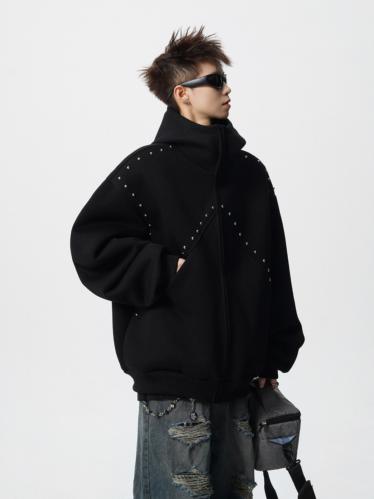 【評価★4.8以上/3color】Studded Oversized Zip Hoodie mry001897