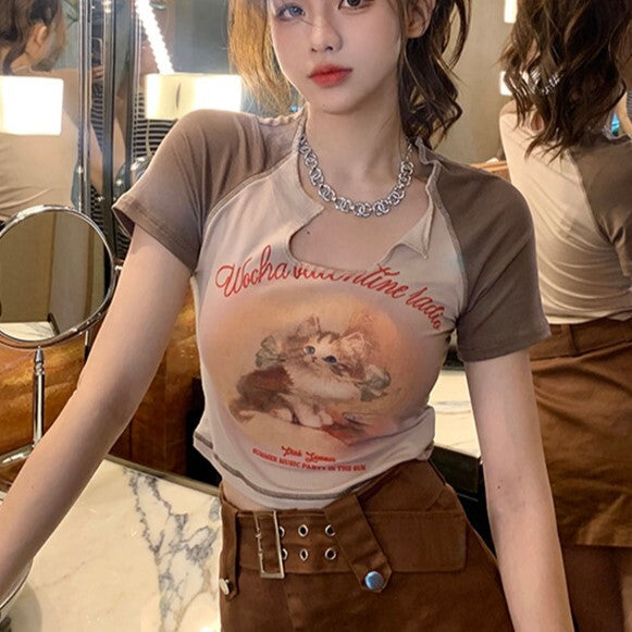 【送料無料】2カラー展開 クロップド丈 キャット デザインTシャツ mry000650