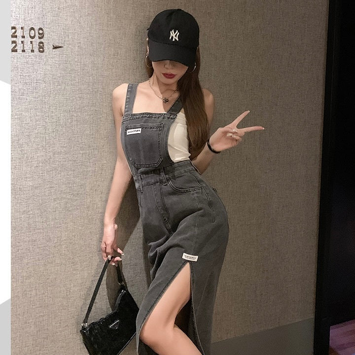 サイドスリット デニム サスペンダー ワンピース mry000117