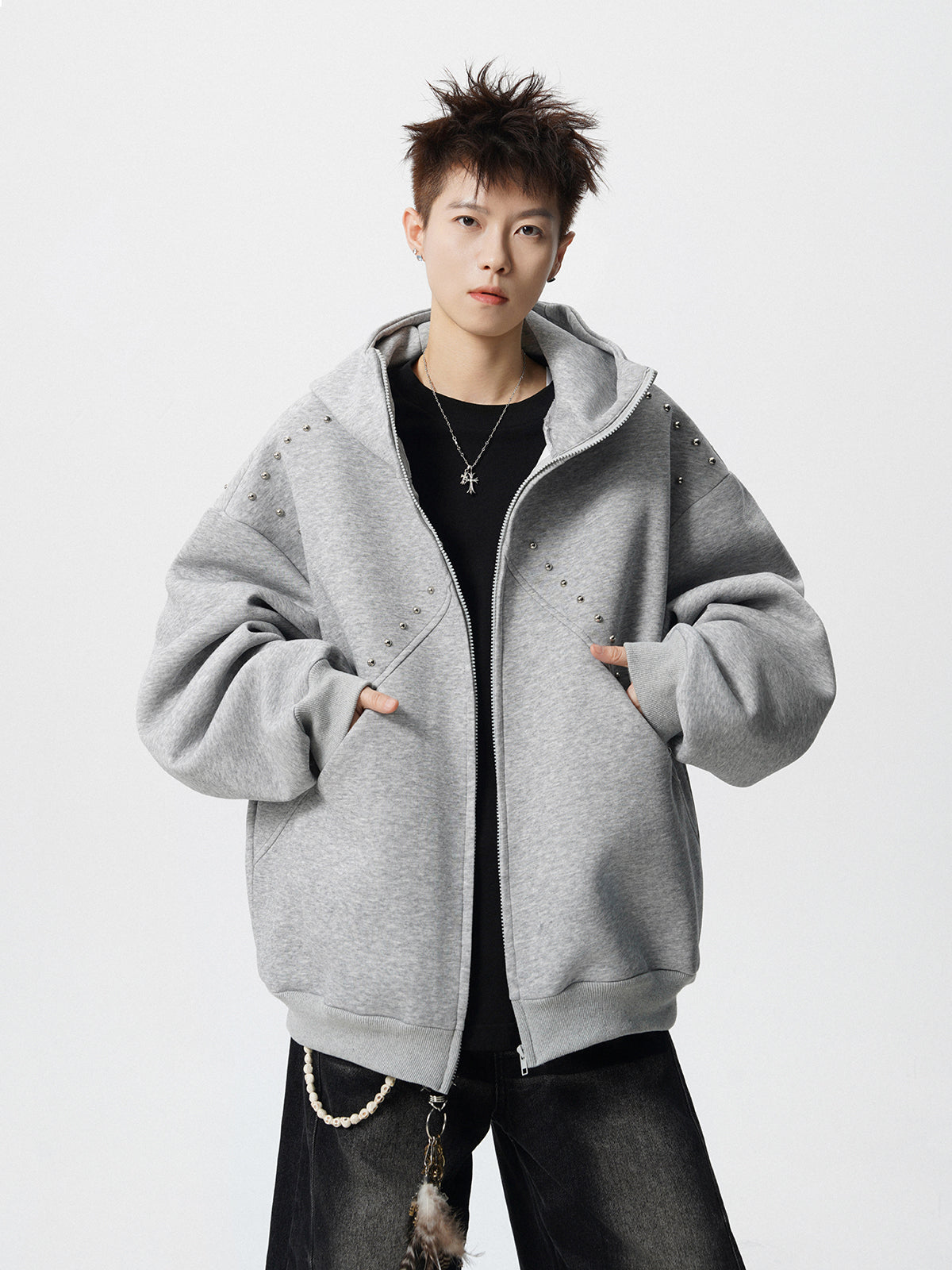 【評価★4.8以上/3color】Studded Oversized Zip Hoodie mry001897