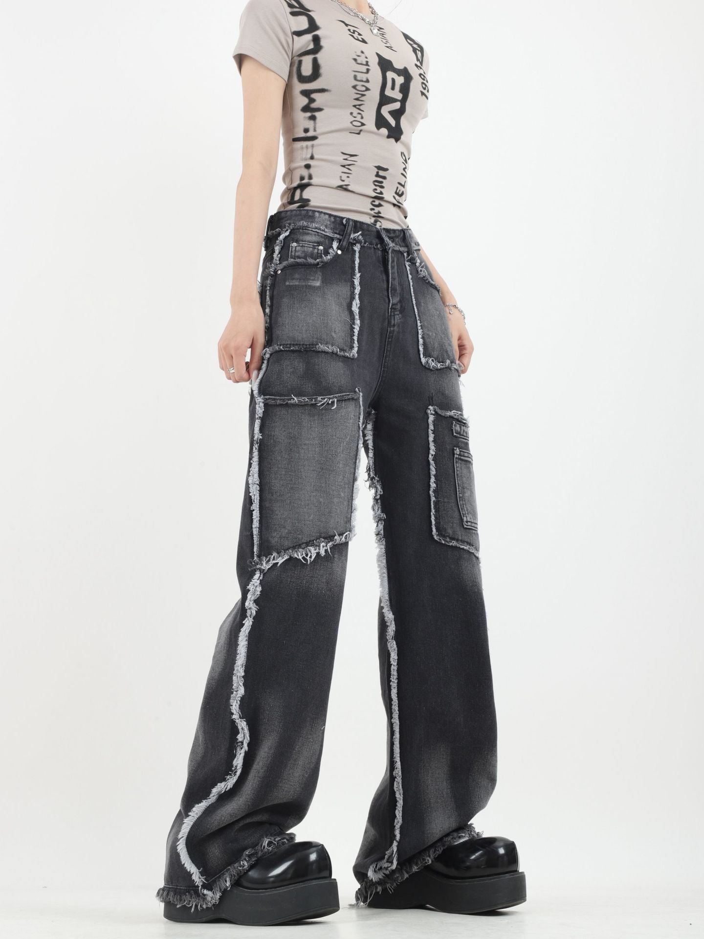 Grunge Patchwork Wide-Leg Denim Pants mry001668