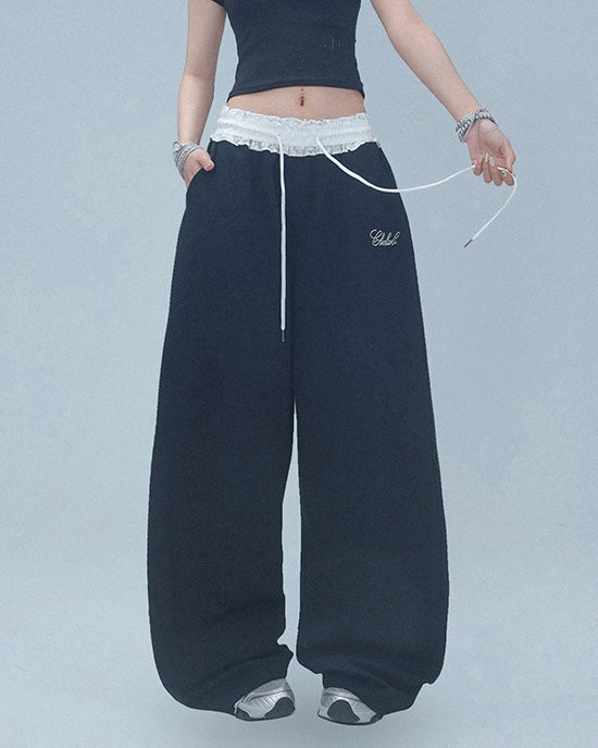 【YURU:FIT】Lace Waist Wide-Leg Sweatpants mry001877